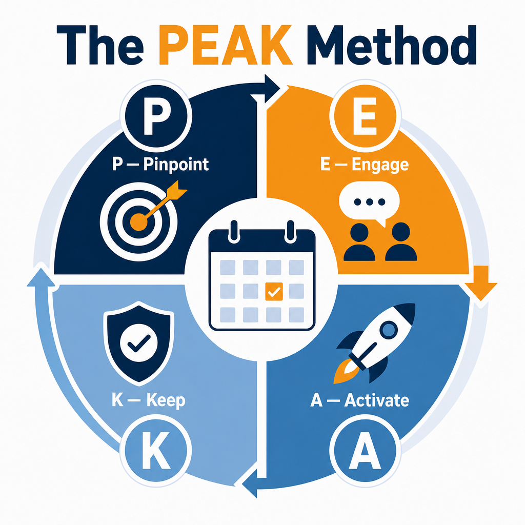 The PEAK Method: Pinpoint the business heating up, Engage with the outreach, Activate the seasonal campaign, Keep them on a retainer