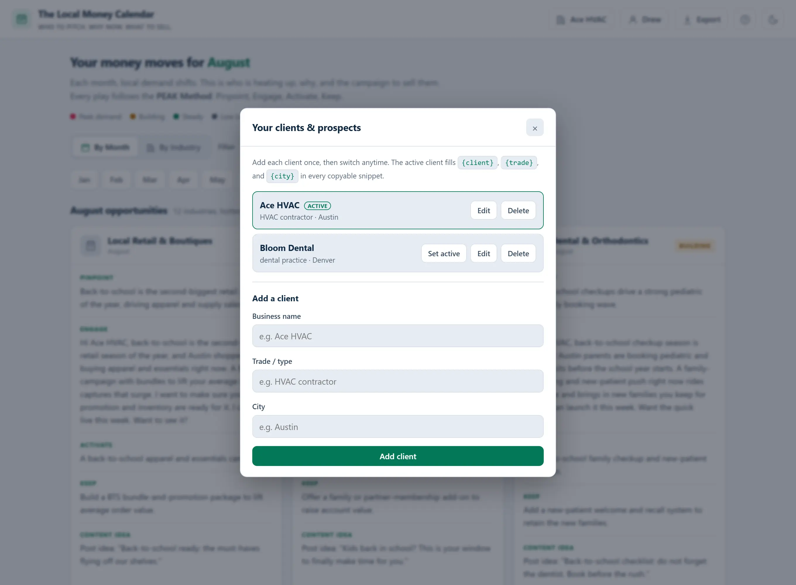 The client manager and one-click copy buttons, with an outreach message personalized to the active client
