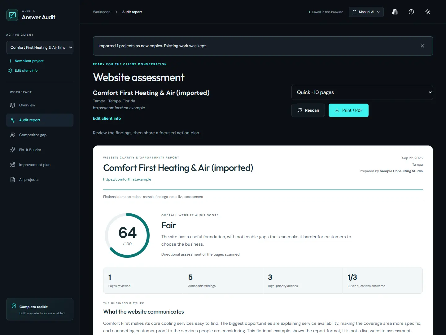 Website Answer Audit client report showing its score, category breakdown and report layout